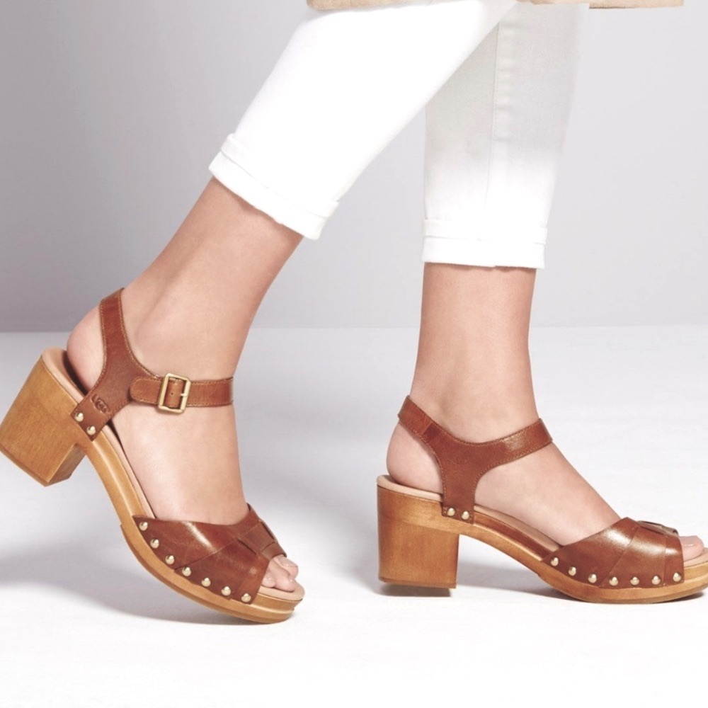 UGG Women's Janie Studded Leather Ankle Strap Clog Heeled Brown Sandals Size 6